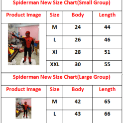 Spiderman new size chart