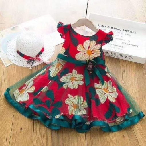 green-floral-summer-dress-with-hat-for-kids