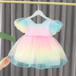 Rainbow Bow Puff Sleeve Princess Party Dress (RBP23001)